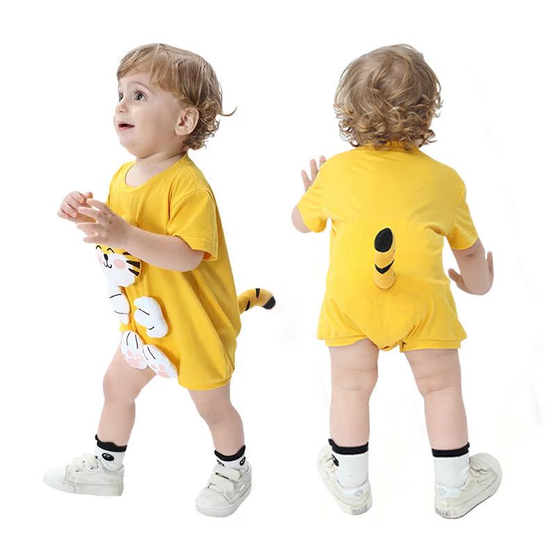 Summer Baby Bodysuit with 3D Tiger Tail Kids Short Sleeve Cotton Onesie Wholesale Snap Button Closure