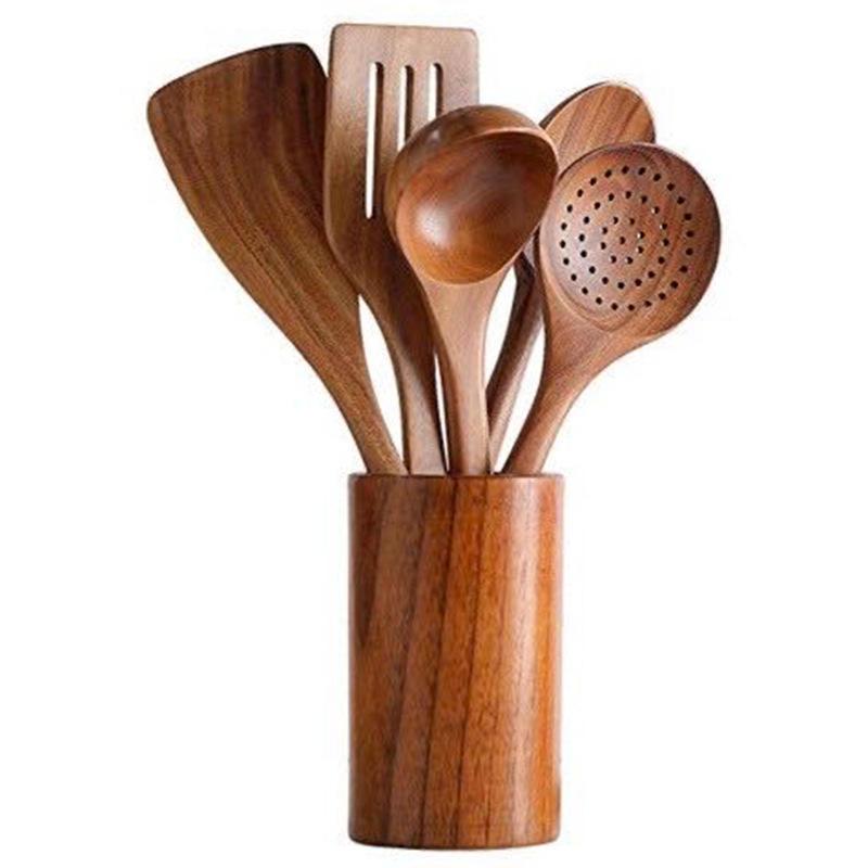 Wholesale 7pcs Teak Wooden Utensils Set Nonstick Cookware Kitchen Accessories with Wood Spatula for Cooking