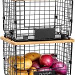 Kitchen Bin Organization Foldable Fruit Baskets Home Organization Stackable Wire Storage Baskets with Bamboo Top